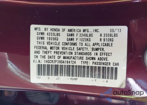 2013 Honda Accord Lx from USA, damaged, VIN 1HGCR2F39DA194724